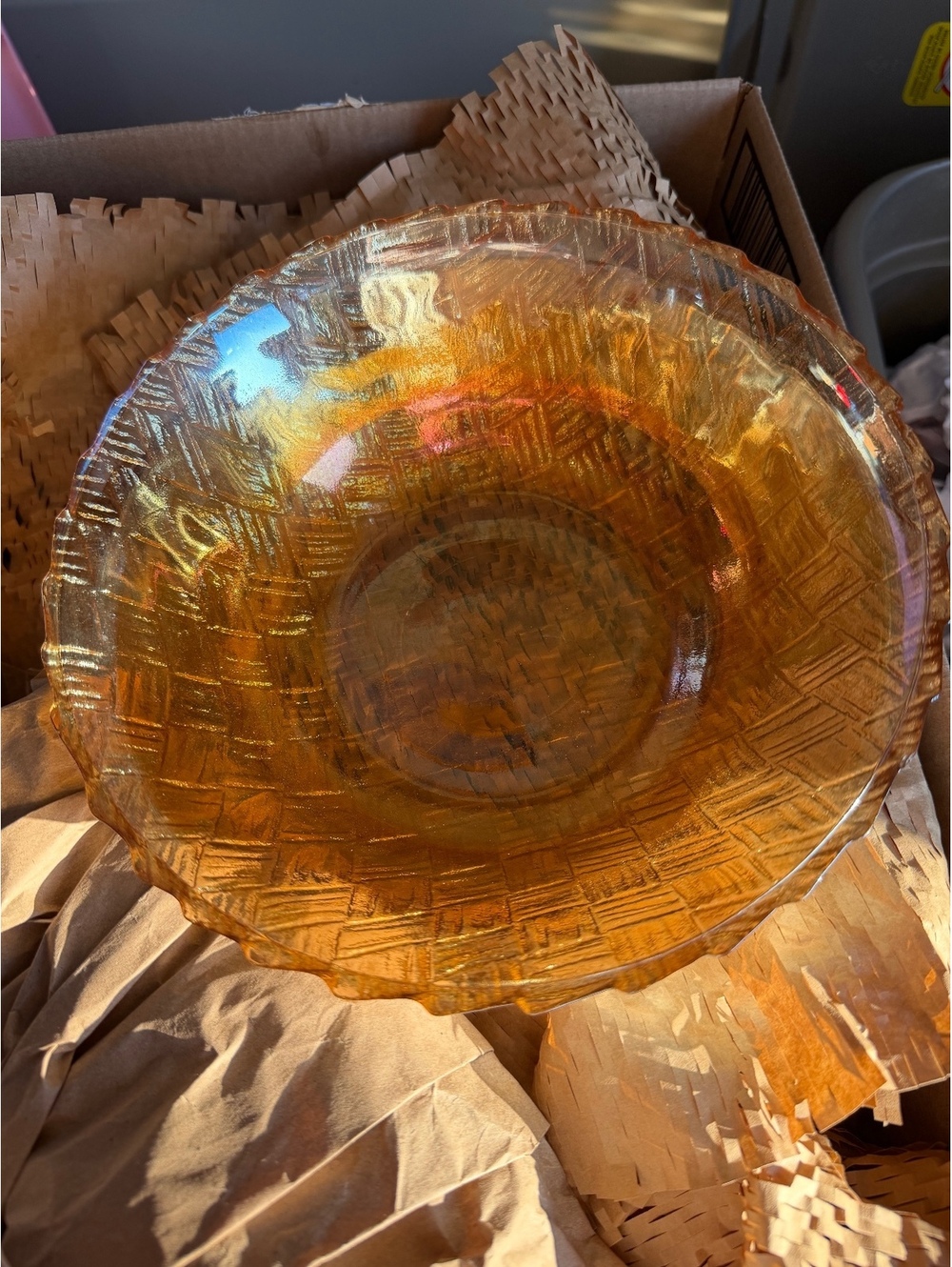 Imperial Basketweave Amber Carnival Glass 8” Serving Bowl Iridescent Vintage
